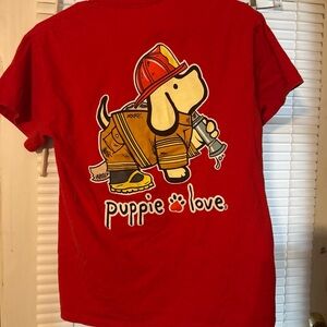Puppie Love Red Short Sleeve Tee - Firefighter Dog Graphic